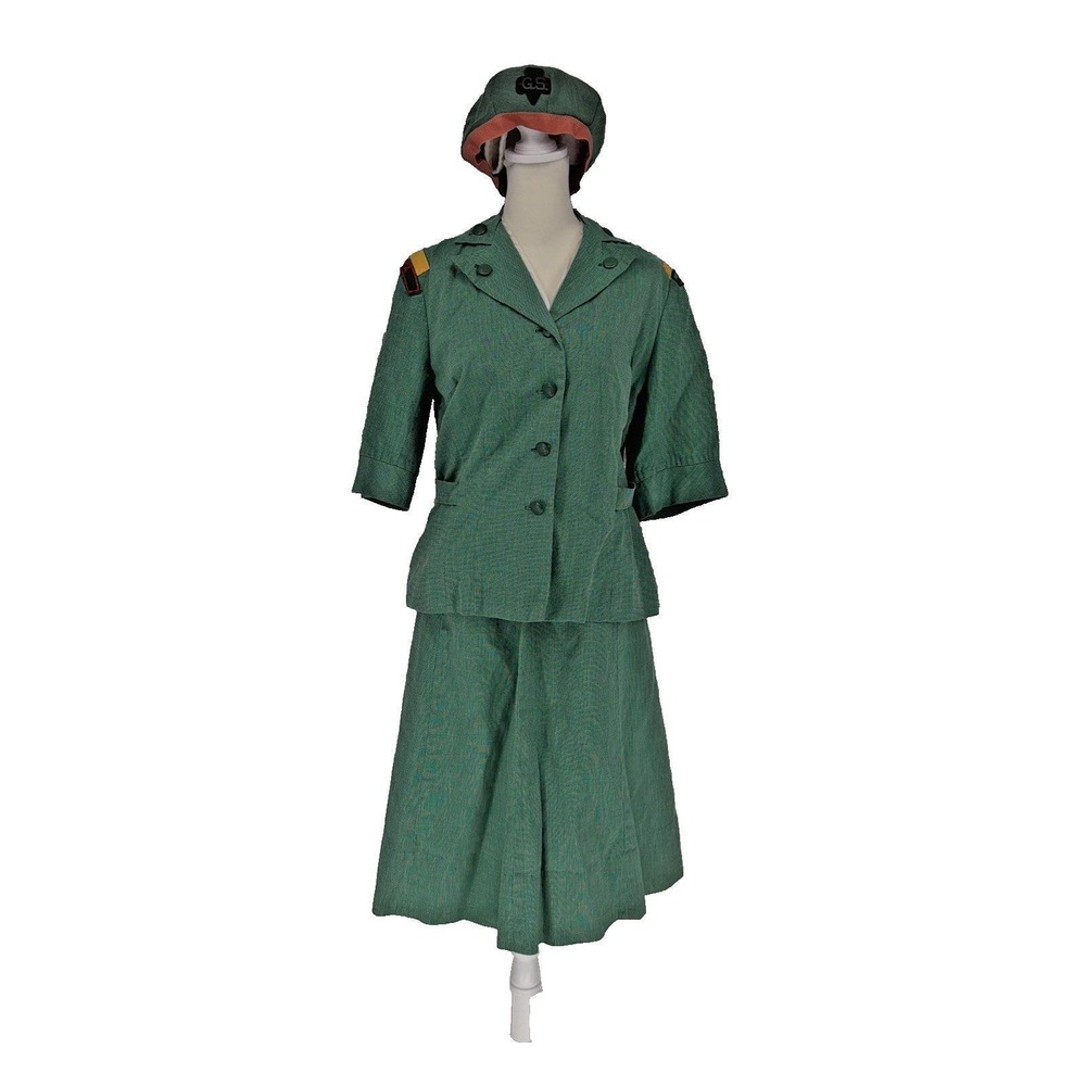 Vintage 1960s 1970s Girl Scout Leader Adult Uniform Set Blazer Skirt Beret Hat